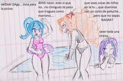 Size: 1024x676 | Tagged: safe, artist:orochivanus, adagio dazzle, aria blaze, sonata dusk, equestria girls, belly button, bikini, clothes, inner tube, lined paper, midriff, one-piece swimsuit, spanish, swimming pool, swimsuit, tankini, the dazzlings, traditional art