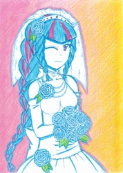 Size: 2468x3476 | Tagged: safe, artist:dragonemperror2810, sonata dusk, equestria girls, bouquet, braid, clothes, dress, solo, traditional art, wedding dress, wink