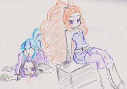 Size: 2955x2063 | Tagged: safe, artist:orochivanus, adagio dazzle, aria blaze, sonata dusk, equestria girls, food, prone, taco, the dazzlings, tongue out, traditional art