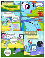 Size: 612x792 | Tagged: safe, artist:newbiespud, derpibooru import, edit, edited screencap, screencap, cloud kicker, dizzy twister, flitter, merry may, orange swirl, parasol, pinkie pie, rainbow dash, rarity, thunderlane, earth pony, pegasus, pony, unicorn, comic:friendship is dragons, hurricane fluttershy, angry, annoyed, background pony, barbell, baseball cap, blowing whistle, bluebell, cap, comic, dialogue, eyes closed, female, flying, grin, hat, male, mare, on back, onomatopoeia, screencap comic, smiling, stallion, weight lifting, whistle, wing hands, wings