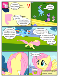 Size: 612x792 | Tagged: safe, artist:newbiespud, derpibooru import, edit, edited screencap, screencap, fluttershy, pinkie pie, rainbow dash, spike, twilight sparkle, unicorn twilight, dragon, earth pony, pegasus, pony, unicorn, comic:friendship is dragons, hurricane fluttershy, anemometer, annoyed, baseball cap, cap, comic, dialogue, female, flying, grin, hat, male, mare, notepad, running, screencap comic, smiling