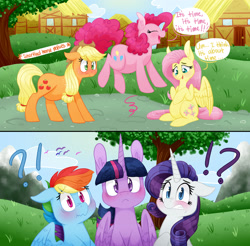 Size: 2500x2462 | Tagged: safe, artist:cartoonboyfriends, derpibooru import, applejack, fluttershy, pinkie pie, rainbow dash, rarity, twilight sparkle, twilight sparkle (alicorn), alicorn, earth pony, pegasus, pony, unicorn, comic, exclamation point, floppy ears, hoof on belly, implied labor, interrobang, labor, mane six, oh crap face, preggo jack, preggoshy, preggy pie, pregnant, question mark, sensibly-proportioned pregnancy, startled, surprised, tree