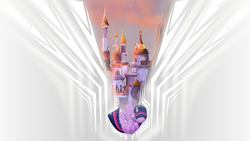 Size: 1920x1080 | Tagged: safe, artist:thegraid, derpibooru import, edit, twilight sparkle, twilight sparkle (alicorn), alicorn, canterlot castle, exile, eyes closed, falling, on back, solo, wallpaper, wallpaper edit