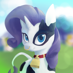 Size: 2000x2000 | Tagged: safe, alternate version, artist:stardep, rarity, cow, cow pony, bell, cowbell, female, looking at you, nose piercing, nose ring, piercing, raricow, simple background, smiling, solo, species swap