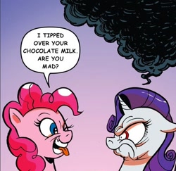 Size: 508x493 | Tagged: safe, artist:andypriceart, edit, pinkie pie, rarity, earth pony, pony, unicorn, spoiler:comic42, angry, chocolate, chocolate milk, everything is ruined, exploitable meme, meme, milk, one eye closed, pure unfiltered evil, spilled milk, wink