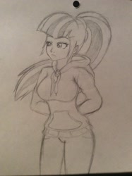 Size: 717x960 | Tagged: safe, artist:discorded-joker, sonata dusk, equestria girls, clothes, hoodie, jeans, monochrome, pants, solo, traditional art
