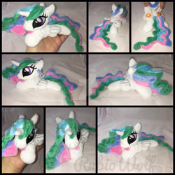 Size: 1600x1600 | Tagged: safe, artist:rubiowolf, princess celestia, alicorn, pony, beanie (plushie), female, folded wings, hand, irl, mare, missing accessory, photo, plushie, prone, solo