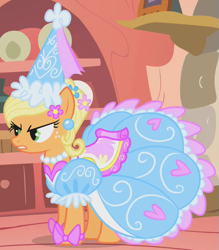 Size: 559x638 | Tagged: safe, screencap, applejack, earth pony, pony, look before you sleep, angry, clothes, cropped, dress, female, froufrou glittery lacy outfit, hennin, jewelry, mare, necklace, outfit catalog, pearl necklace, princess hat, solo