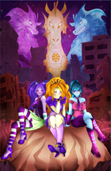 Size: 919x1417 | Tagged: safe, artist:enyoiyourself, adagio dazzle, aria blaze, sonata dusk, siren, equestria girls, rainbow rocks, looking at you, ruins, sleeveless, the dazzlings, true form