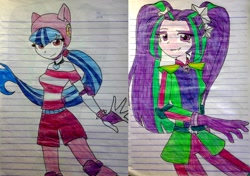 Size: 2512x1772 | Tagged: safe, artist:fantasygerard2000, aria blaze, sonata dusk, equestria girls, friendship games, alternate costumes, cute, drawing, helmet, lined paper, looking at you, motocross outfit, photo, roller skates, smiling, speed skating, traditional art, wondercolts