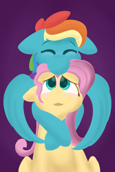 Size: 4000x6000 | Tagged: safe, artist:antimationyt, derpibooru import, fluttershy, rainbow dash, pegasus, pony, duo, female, floppy ears, flutterdash, gradient background, hug, hug from behind, lesbian, lineless, looking up, mare, open mouth, shipping, sitting, spread wings, stray strand, wings