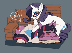 Size: 800x592 | Tagged: safe, artist:amitie-tan, derpibooru import, rarity, twilight sparkle, twilight sparkle (alicorn), alicorn, pony, unicorn, blushing, book, female, glasses, lesbian, mare, rarilight, shipping, sleeping