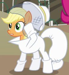 Size: 342x369 | Tagged: safe, screencap, applejack, earth pony, pony, castle mane-ia, beekeeper, clothes, costume, outfit catalog, solo