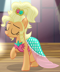 Size: 574x681 | Tagged: safe, screencap, applejack, earth pony, pony, simple ways, applejewel, clothes, dress, eyes closed, female, mare, outfit catalog, solo