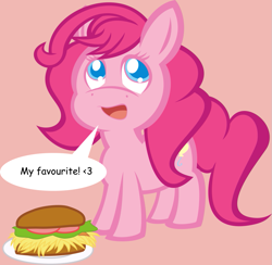 Size: 941x920 | Tagged: safe, artist:brsajo, pinkie pie, earth pony, pony, alternate hairstyle, burger, comic sans, dialogue, filly, food, gift art, hay burger, simple background, solo, vector, yet another pinkie blog