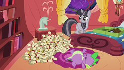 Size: 1920x1080 | Tagged: safe, screencap, spike, twilight sparkle, dragon, the return of harmony, discorded, duo, friendship report, golden oaks library, inflation