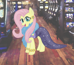 Size: 1710x1501 | Tagged: safe, artist:horsesass, fluttershy, pegasus, pony, viva las pegasus, bracelet, casino, ear piercing, earring, feather boa, impossibly rich, jewelry, piercing, slot machine, solo