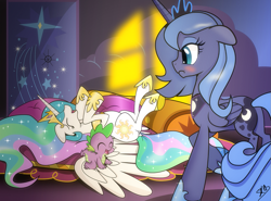 Size: 1225x906 | Tagged: safe, artist:dsana, princess celestia, princess luna, spike, alicorn, dragon, pony, cute, cutelestia, female, laughing, luna is not amused, male, mare, momlestia, s1 luna, sillestia, silly, spikabetes, unamused, wings