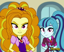 Size: 842x685 | Tagged: safe, edit, edited screencap, screencap, adagio dazzle, sonata dusk, equestria girls, rainbow rocks, discovery family logo, inverted mouth