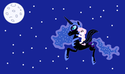 Size: 940x560 | Tagged: safe, artist:watermelon changeling, derpibooru exclusive, nightmare moon, princess celestia, alicorn, pony, cewestia, female, filly, flying, moon, ms paint, night, pink-mane celestia, ponies riding ponies, younger