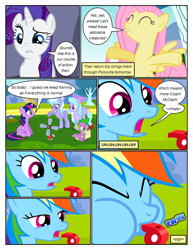 Size: 612x792 | Tagged: safe, artist:newbiespud, derpibooru import, edit, edited screencap, screencap, cloudchaser, flitter, fluttershy, rainbow dash, rarity, twilight sparkle, unicorn twilight, dragon, pegasus, pony, unicorn, comic:friendship is dragons, hurricane fluttershy, anemometer, blowing whistle, bow, coach rainbow dash, comic, dialogue, eyes closed, female, frown, hair bow, happy, male, mare, notepad, onomatopoeia, quill, rainbow dashs coaching whistle, raised hoof, screencap comic, sitting, slit eyes, smiling, whistle, worried