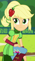 Size: 588x1016 | Tagged: safe, screencap, applejack, equestria girls, friendship games, alternate hairstyle, boots, clothes, female, freckles, pants, solo