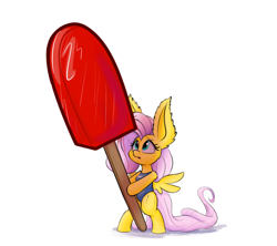 Size: 1280x1138 | Tagged: safe, artist:heir-of-rick, fluttershy, pegasus, pony, bipedal, clothes, cute, food, impossibly large ears, one-piece swimsuit, popsicle, shyabetes, solo, swimsuit