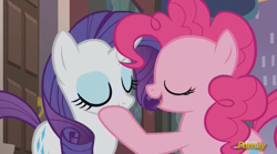 Size: 1220x680 | Tagged: safe, screencap, pinkie pie, rarity, pony, unicorn, the gift of the maud pie, eyes closed, out of context, shipping fuel
