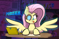 Size: 1280x853 | Tagged: safe, artist:heir-of-rick, part of a set, fluttershy, pegasus, pony, impossibly large ears, leverage, magnifying glass, solo, tongue out