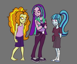 Size: 1200x1000 | Tagged: safe, artist:madness-with-reason, adagio dazzle, aria blaze, sonata dusk, equestria girls, angry, aria-blazin-it, barefoot, clothes, feet, glare, grin, gritted teeth, loose hair, smiling, tanktop, the dazzlings