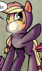 Size: 394x666 | Tagged: safe, idw, applejack, babs seed, rarity, earth pony, pony, unicorn, spoiler:comic, spoiler:comic22, catsuit, cropped, cute, female, flashlight (object), latex, latex suit, male, mouth hold, outfit catalog, solo