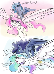 Size: 2400x3296 | Tagged: safe, artist:firimil, princess celestia, princess luna, alicorn, pony, aladdin, dialogue, female, filly, flying, mare, pink-mane celestia, ponies riding ponies, royal sisters, smiling, those days are over, woona, younger