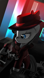 Size: 2160x3840 | Tagged: safe, artist:dj-chopin, rarity, pony, unicorn, 3d, alcohol, applejack daniel's, cigarette, clothes, detective rarity, female, hat, jack daniels, newspaper, noir, solo, source filmmaker, whiskey