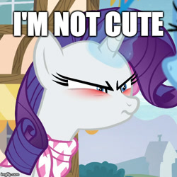 Size: 500x499 | Tagged: safe, edit, edited screencap, screencap, rarity, pony, unicorn, the end in friend, blatant lies, blushing, cropped, cute, denial, female, i'm not cute, image macro, mare, meme, raribetes, solo focus