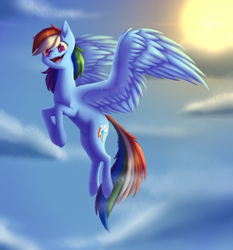 Size: 3494x3750 | Tagged: safe, artist:spirit-1, derpibooru import, rainbow dash, pegasus, pony, flying, sky, solo, sun