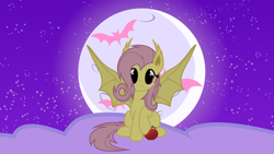 Size: 1920x1080 | Tagged: safe, artist:neodarkwing, derpibooru import, fluttershy, bat pony, apple, cloud, flutterbat, food, moon, race swap, solo, stars, wallpaper