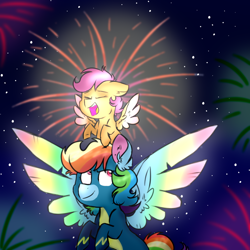 Size: 1000x1000 | Tagged: safe, artist:honneymoonmlp, derpibooru exclusive, derpibooru import, rainbow dash, scootaloo, pegasus, pony, clothes, colored wings, duo, eyes closed, fireworks, happy, multicolored wings, rainbow wings, scootalove, spread wings, uniform, wings, wonderbolts uniform