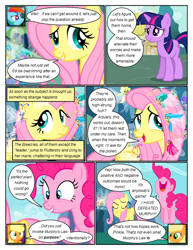 Size: 612x792 | Tagged: safe, artist:newbiespud, derpibooru import, edit, edited screencap, screencap, applejack, fluttershy, pinkie pie, rainbow dash, twilight sparkle, unicorn twilight, breezie, earth pony, pegasus, pony, unicorn, comic:friendship is dragons, annoyed, comic, dialogue, female, flying, freckles, frown, happy, hat, mare, mushroom hat, pronking, screencap comic, smiling, wide eyes