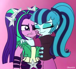 Size: 1434x1304 | Tagged: safe, artist:cbear624, aria blaze, sonata dusk, equestria girls, annoyed, arisona, eyes closed, female, hug, lesbian, pushing, shipping, smiling