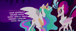 Size: 1920x804 | Tagged: safe, screencap, princess celestia, queen novo, alicorn, classical hippogriff, hippogriff, pony, my little pony: the movie, credits, old friend, pointy ponies