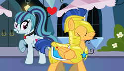 Size: 1024x588 | Tagged: safe, artist:themexicanpunisher, flash sentry, sonata dusk, crystal empire, female, male, senata, shipping, straight