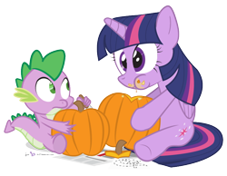 Size: 810x630 | Tagged: safe, artist:dm29, derpibooru import, spike, twilight sparkle, twilight sparkle (alicorn), alicorn, dragon, pony, cute, duo, eating, female, halloween, herbivore, holiday, horses doing horse things, mare, messy eating, nom, pumpkin, pumpkin carving, silly, silly pony, simple background, transparent background, twiabetes