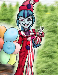 Size: 700x900 | Tagged: safe, alternate version, artist:kul, sonata dusk, equestria girls, balloon, blood, clown, john wayne gacy, killer clown, looking at you, magic capture device, reference, serial killer, smiling