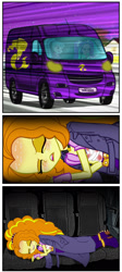 Size: 925x2060 | Tagged: safe, artist:ponymaan, adagio dazzle, aria blaze, sonata dusk, comic:lyra-lyra's bizarre adventure, equestria girls, rainbow rocks, blood, blushing, car, comic, context is for the weak, injured, the dazzlings, vehicle