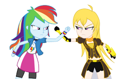 Size: 4000x2525 | Tagged: safe, artist:lhenao, derpibooru import, rainbow dash, human, pegasus, pony, equestria girls, crossover, ember celica, geode of super speed, humanized, magical geodes, robotic arm, rwby, yang xiao long