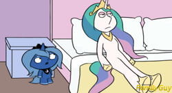 Size: 1980x1080 | Tagged: artist needed, source needed, safe, edit, princess celestia, princess luna, alicorn, pony, bed, discovery family logo, family guy, lois griffin, parody, stewie griffin, why