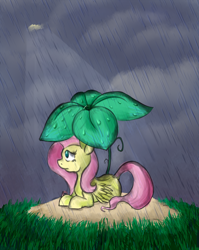 Size: 1464x1840 | Tagged: safe, artist:invertigo, fluttershy, pegasus, pony, clearing, crepuscular rays, folded wings, giant flower, leaf umbrella, looking up, lying down, profile, prone, rain, solo