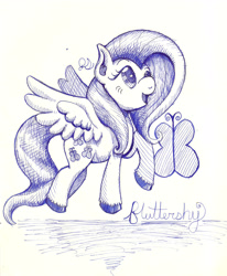 Size: 4702x5710 | Tagged: safe, artist:dmiester55, fluttershy, pegasus, pony, absurd resolution, ballpoint pen, flying, looking up, monochrome, name, raised hoof, solo, spread wings, traditional art