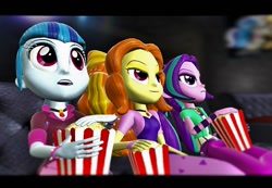 Size: 920x636 | Tagged: safe, artist:blackbelt2297, adagio dazzle, aria blaze, sonata dusk, equestria girls, 3d, cinema, food, movie, popcorn, source filmmaker, the dazzlings, theater