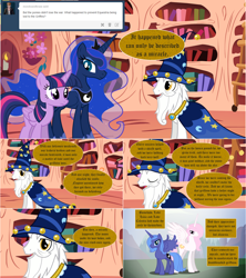 Size: 1284x1444 | Tagged: safe, artist:hakunohamikage, princess celestia, princess luna, star swirl the bearded, twilight sparkle, twilight sparkle (alicorn), alicorn, pony, ask, ask-princesssparkle, comic, golden oaks library, pink-mane celestia, s1 luna, tumblr